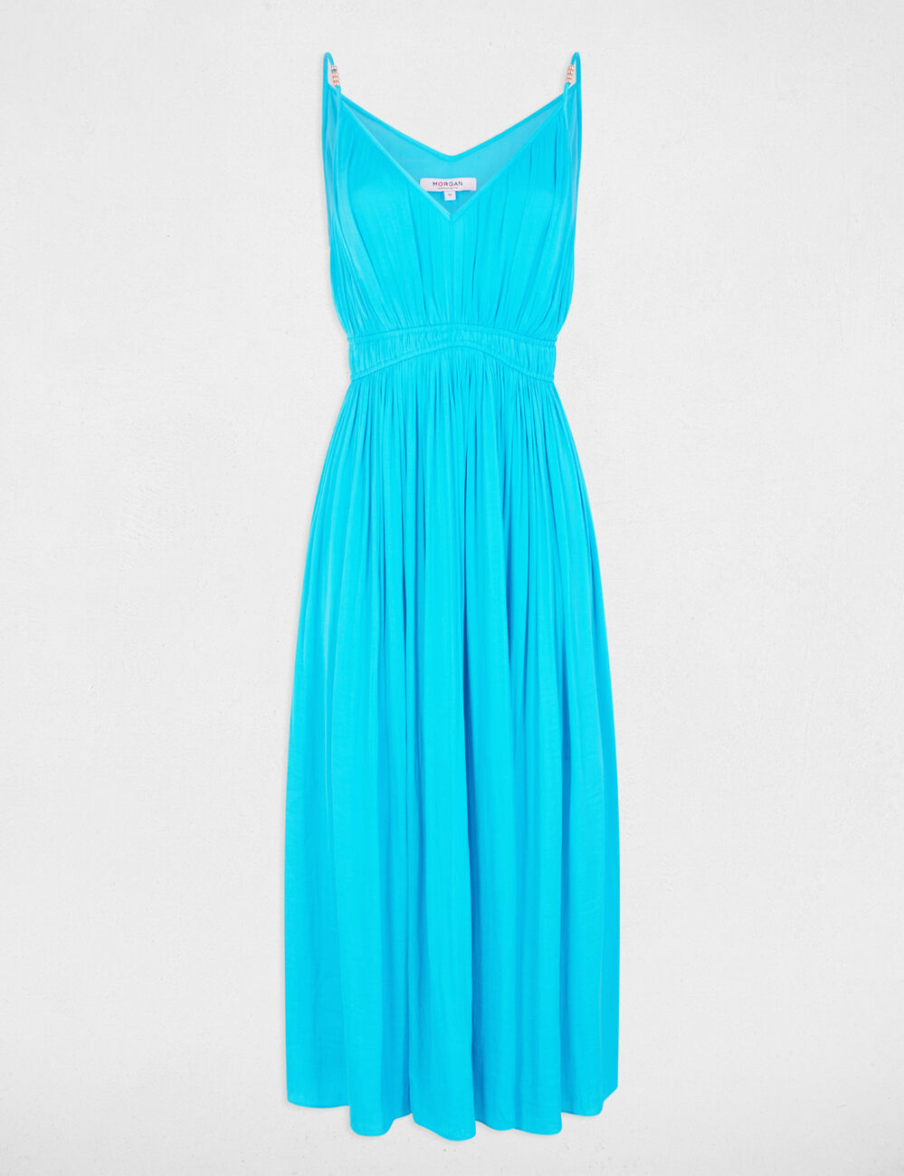 Vestido midi recto plisado azul cielo mujer