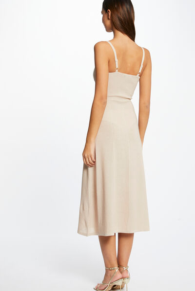 Vestido de punto midi acampanado dorado mujer