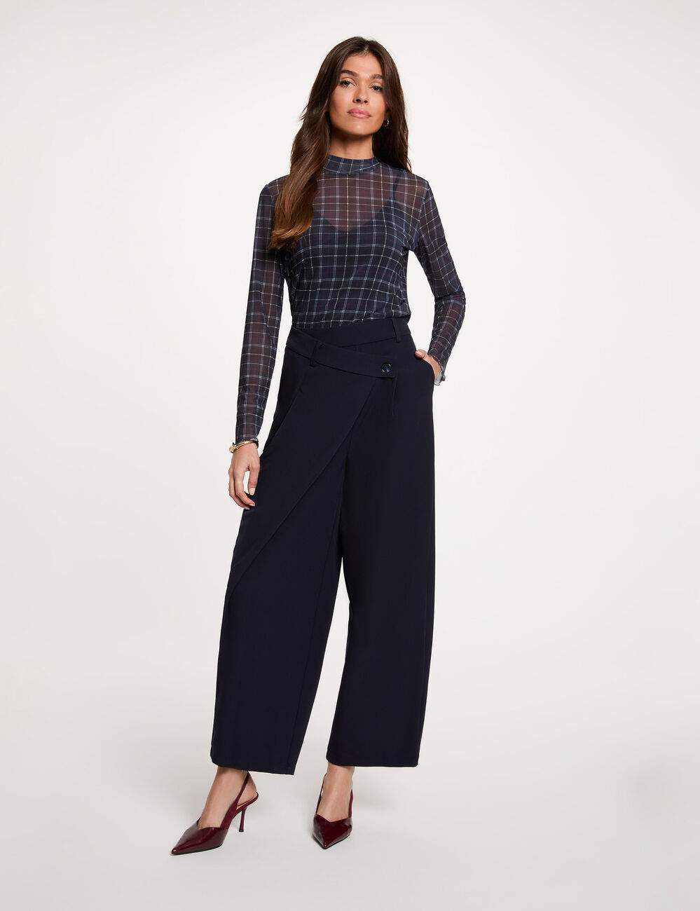 Pantal&oacute;n ancho de tiro alto azul marino mujer