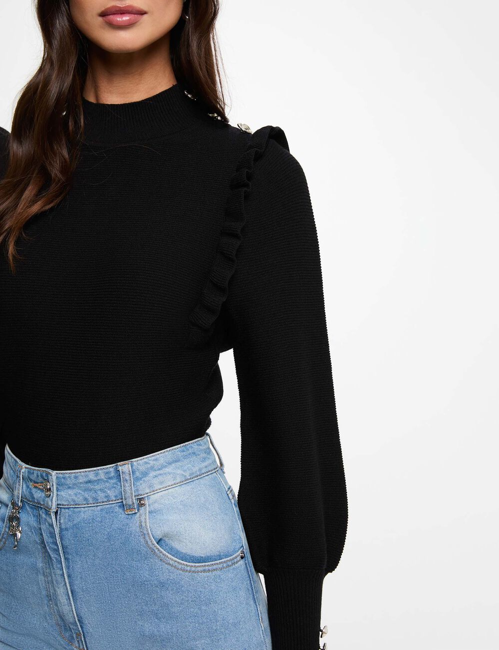 Jersey manga larga con volantes negro mujer