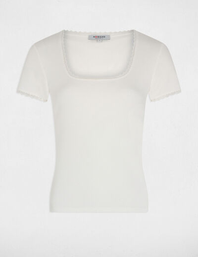 Camiseta acanalada manga corta marfil mujer