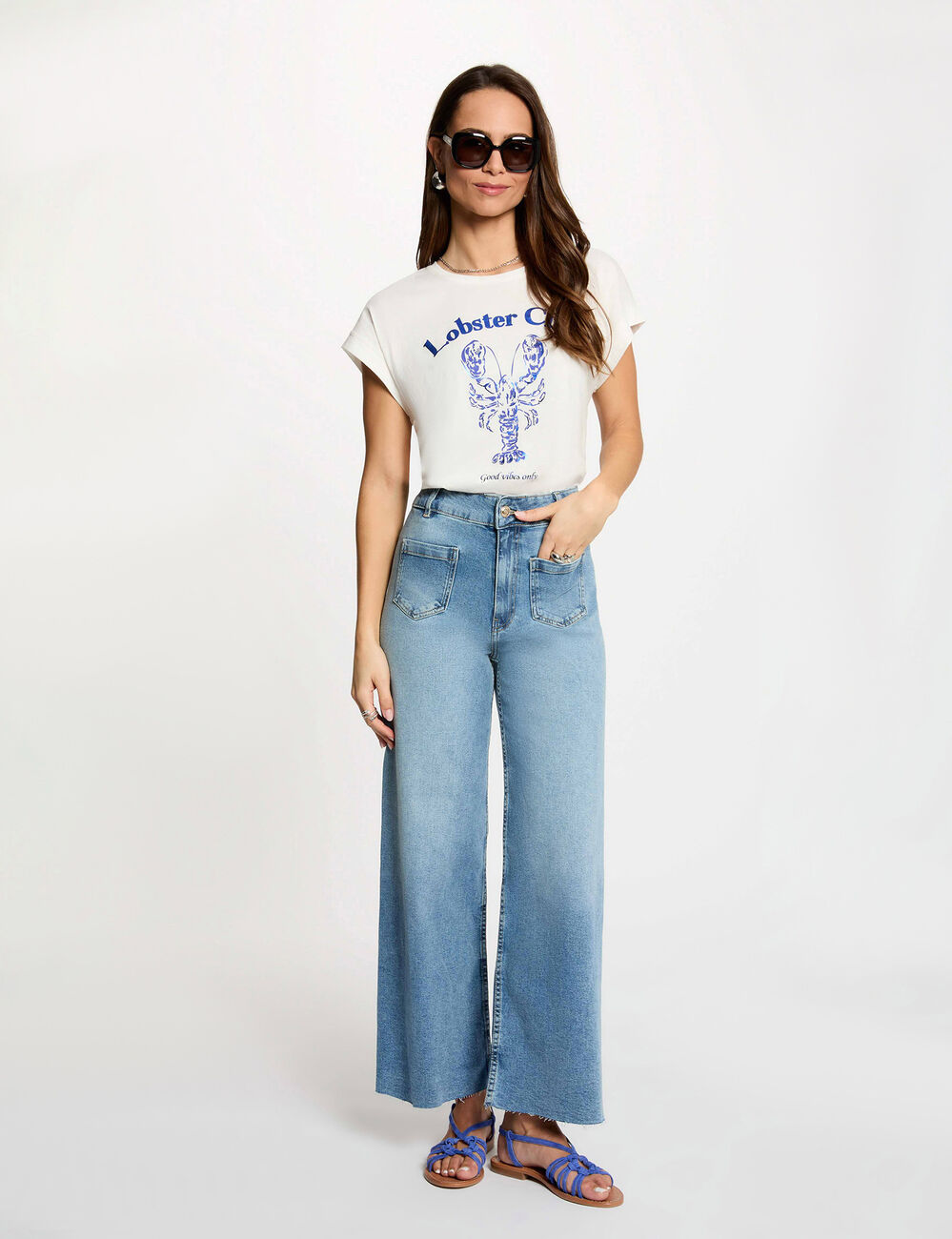 Vaquero ancho de tiro alto denim doble stone mujer