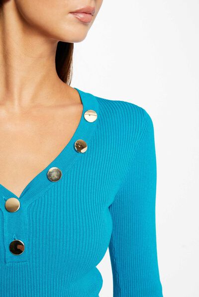 Jersey de manga larga punto fino botones azul mujer