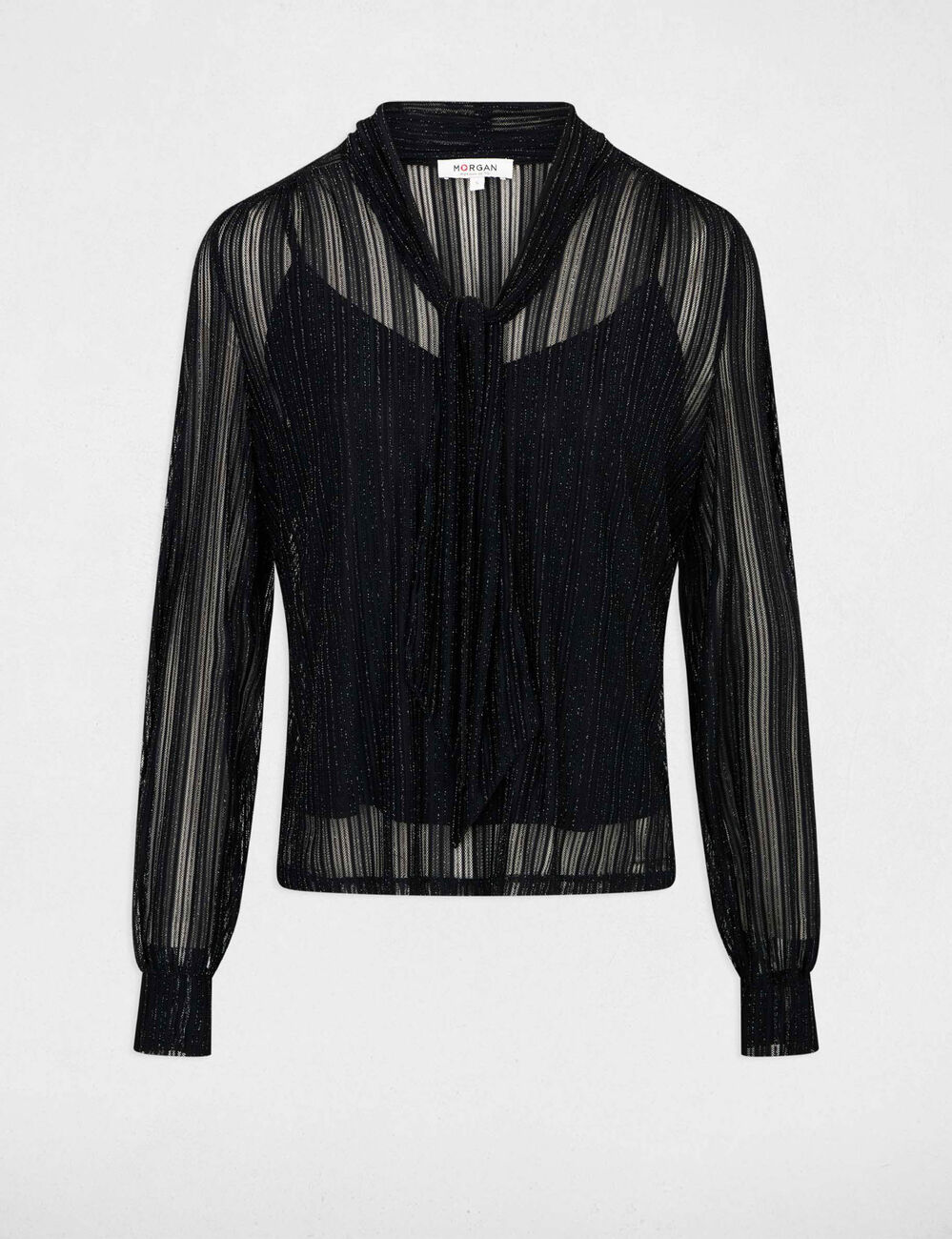Camiseta corta con cuello lazada negro mujer