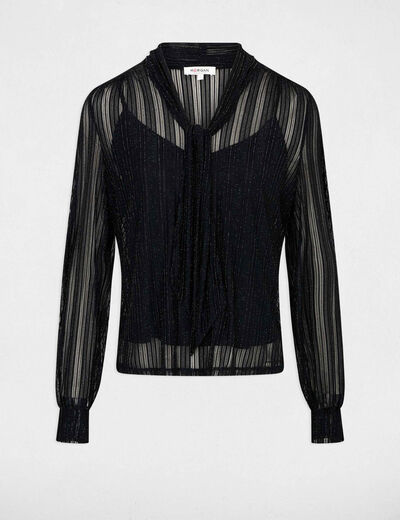 Camiseta corta con cuello lazada negro mujer