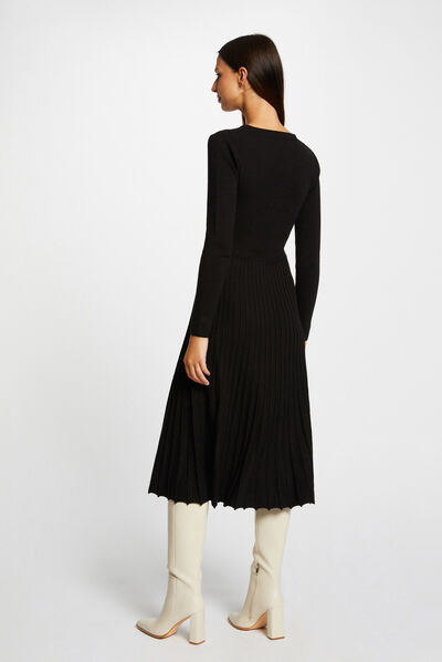 Vestido punto patinadora parte plisado negro mujer