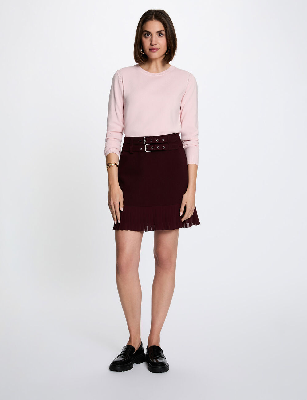 Falda corta plisada ciruela mujer