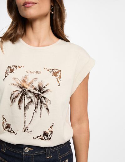 Camiseta estampada cuello redondo beis claro mujer