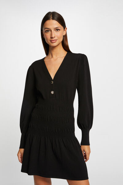Vestido de punto patinadora escote en V negro mujer