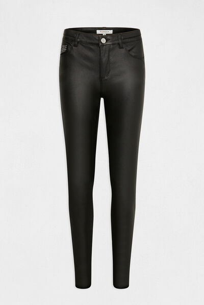 Pantalón skinny efecto mojado con strass negro mujer