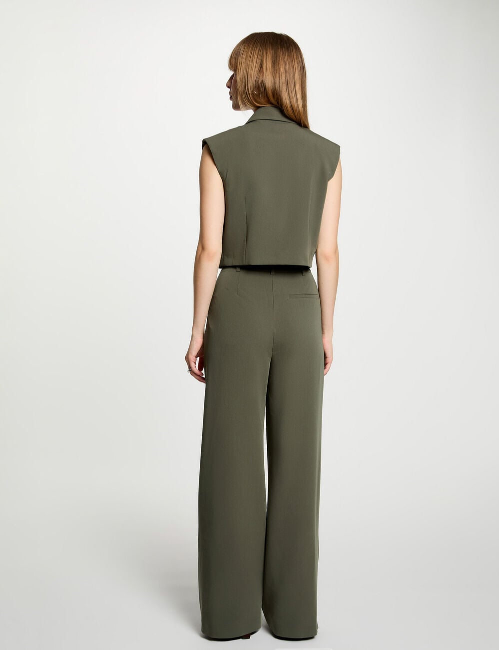 Pantal&oacute;n ancho de tiro alto verde caqui mujer