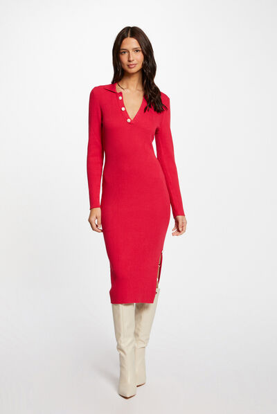 Vestido de punto ajustado con botones fucsia mujer