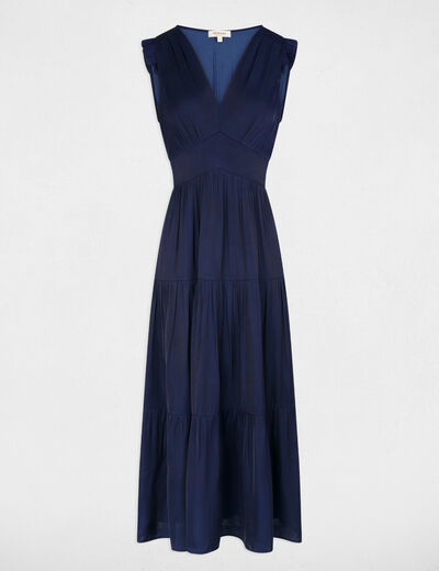 Vestido largo con cuello en V azul marino mujer