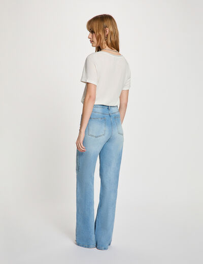Camiseta con cuello en v con perlas blanco mujer