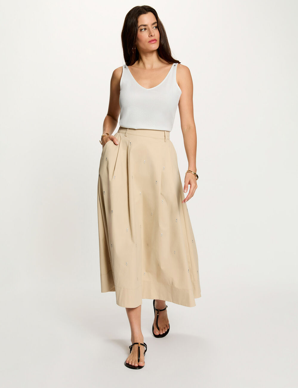Falda larga de cintura alta beige mujer