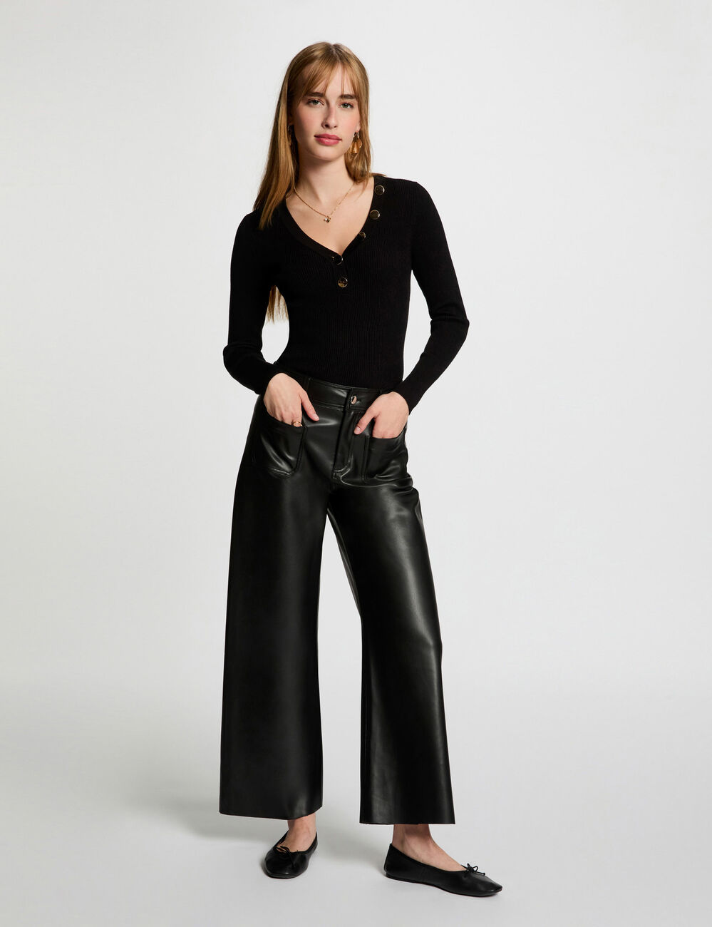 Jersey de manga larga punto fino botones negro mujer