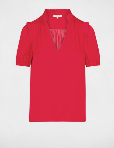 Blusa escote en V y volantes frambuesa mujer