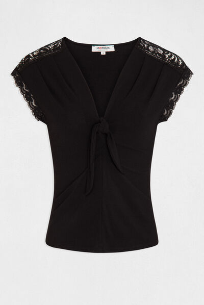 Camiseta manga corta con nudo negro mujer