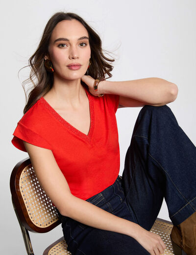 Camiseta manga corta con escote en V orange mujer