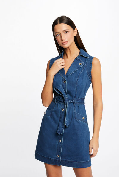Vestido recto vaquero cinturón y botones vaquero stone mujer