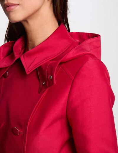 Gabardina entallada cinturón y capucha rojo mujer