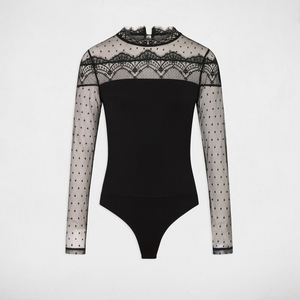 Body de encaje con mangas largas negro mujer