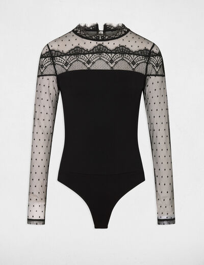 Body de encaje con mangas largas negro mujer