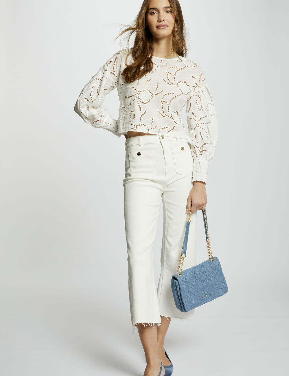 Pantalón pernera ancha marfil mujer