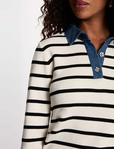 Jersey de rayas con cuello vuelto marfil mujer