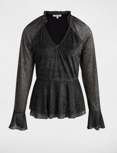 Camiseta de manga larga con cuello en V negro mujer