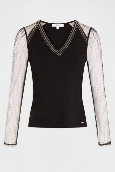 Camiseta manga larga con plumeti negro mujer