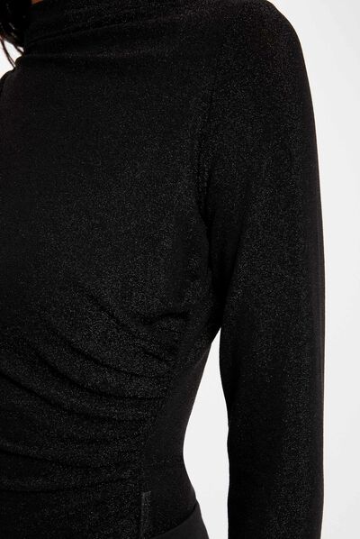 Camiseta manga larga hilos metalizados negro mujer