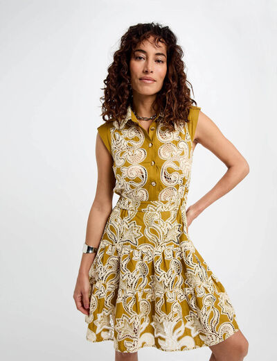 Vestido evasé bordado verde caqui mujer