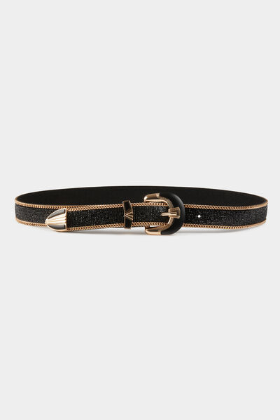 Cinturón con strass y cadenas negro mujer