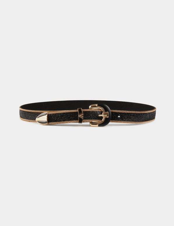 Cinturón con strass y cadenas negro mujer