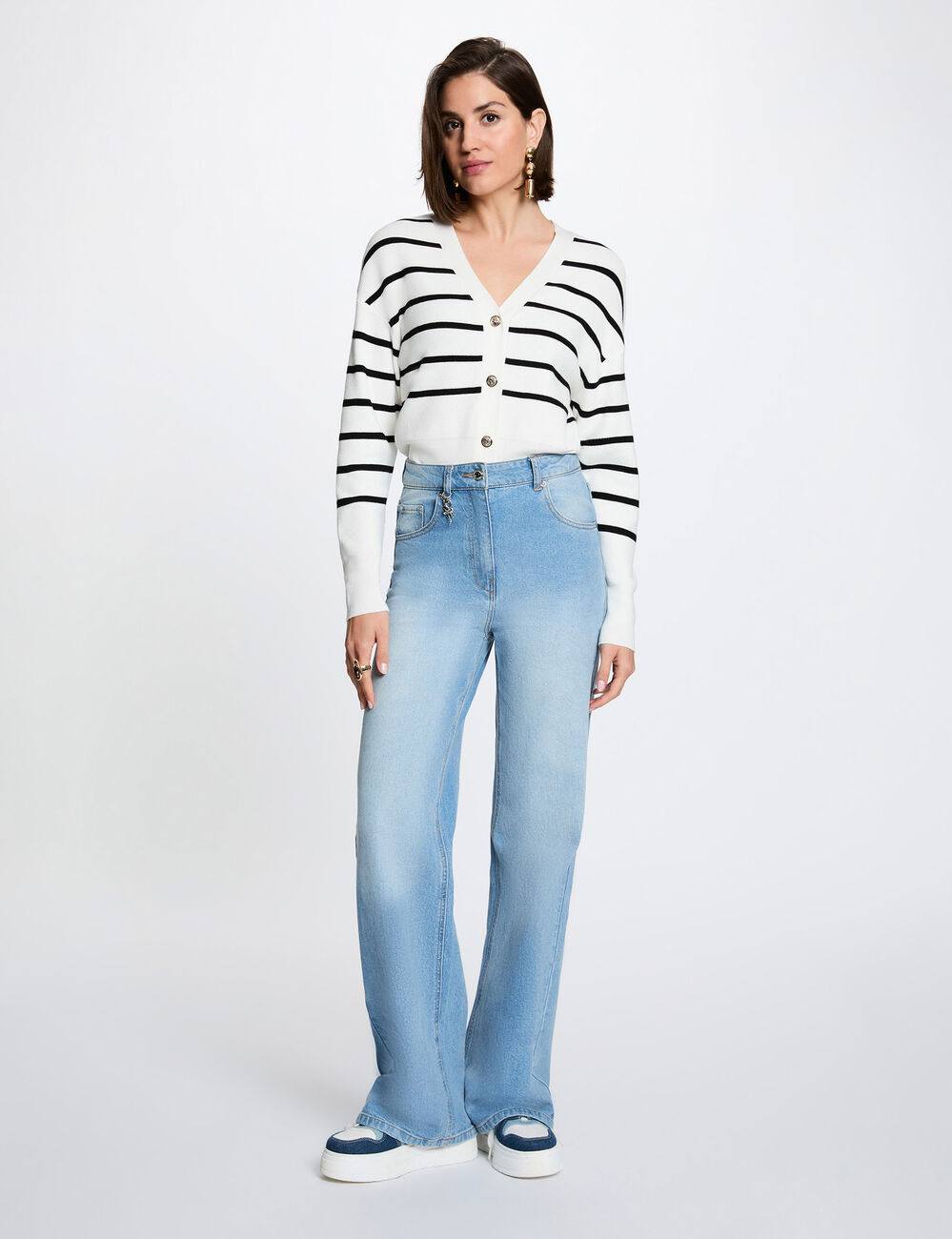 Jersey de rayas con cuello en V blanco mujer