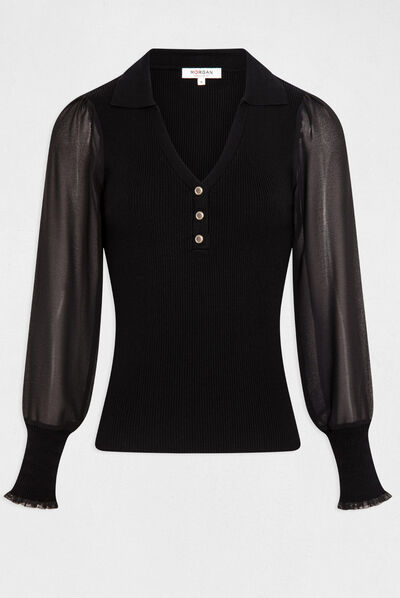 Jersey manga larga semi-transparente negro mujer