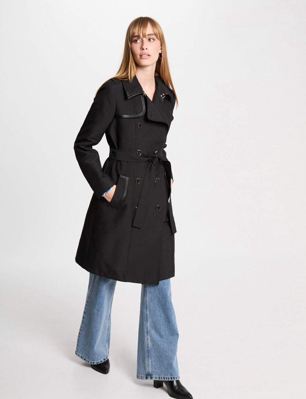 Gabardina larga con cinturón negro mujer