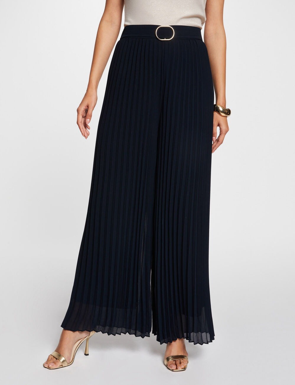 Pantalón holgado plisado azul marino mujer
