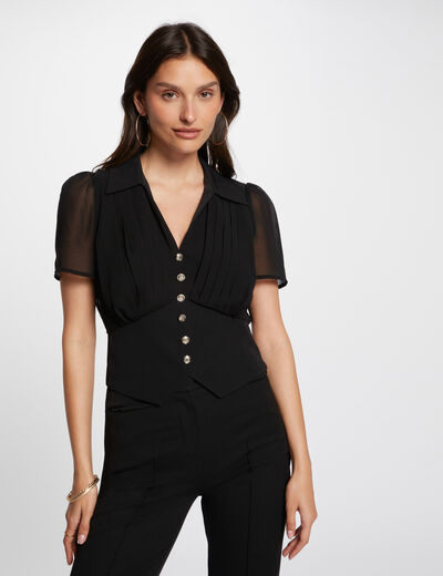 Top manga corta con pliegues negro mujer