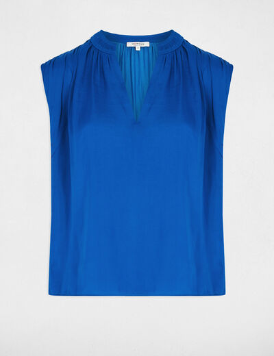 Blusa manga corta satinada azul eléctrico mujer