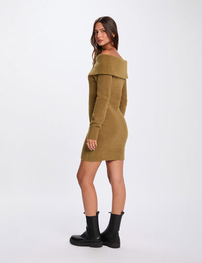 Vestido de punto con cuello bardot c&aacute;mel mujer