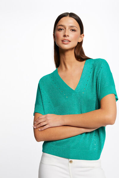 Jersey manga corta con escote en V verde claro mujer