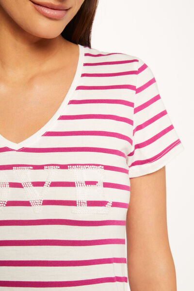 Camiseta manga corta con rayas frambuesa mujer