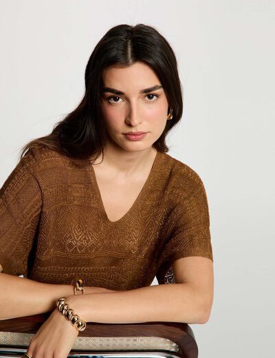 Jersey oversize con cuello en V c&aacute;mel mujer