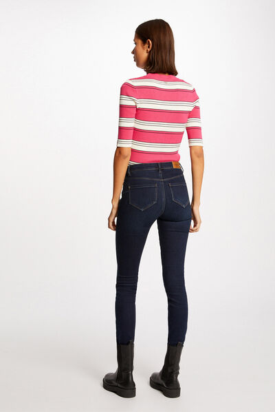 Jersey manga corta con rayas fucsia mujer