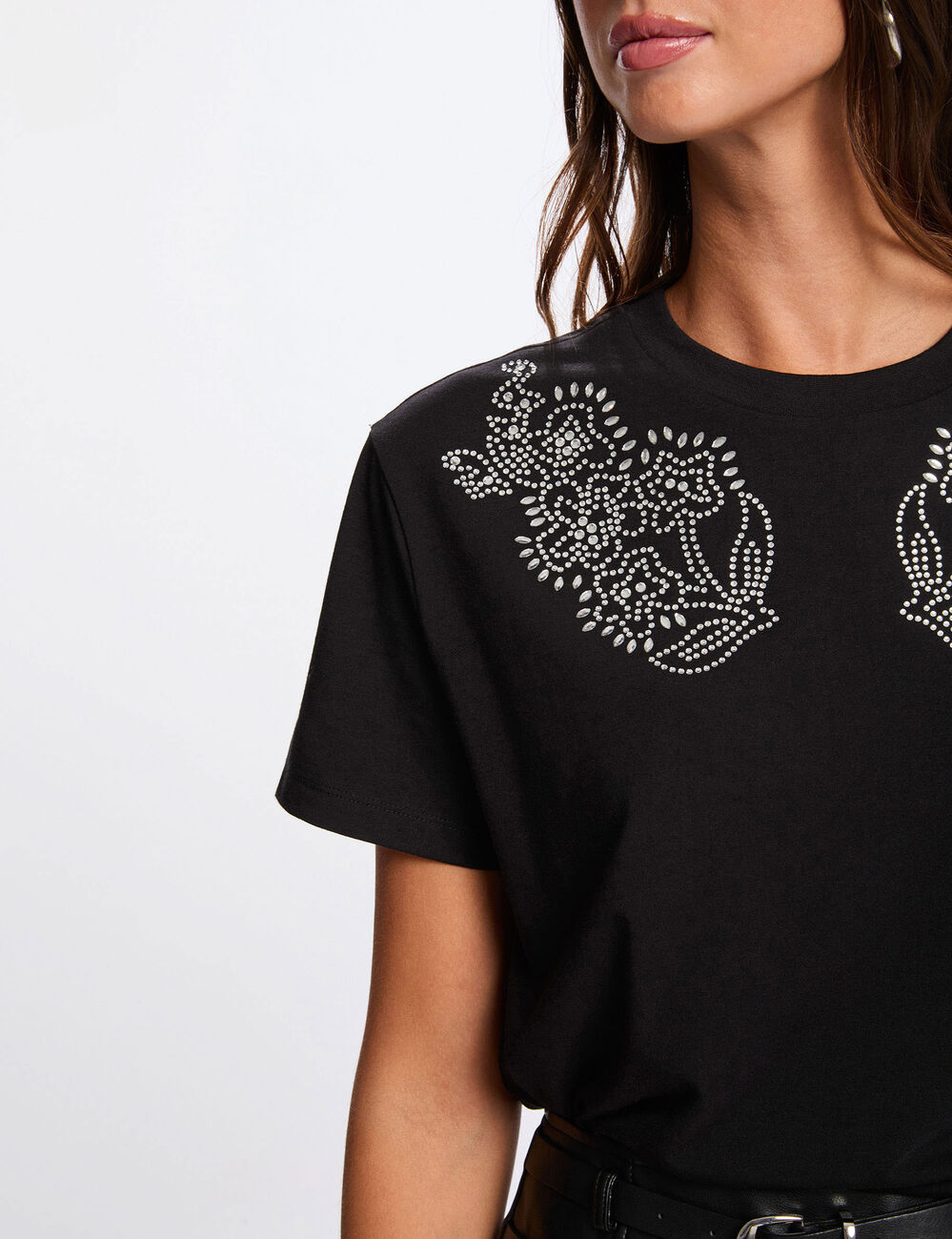 Camiseta con motivo de strass negro mujer
