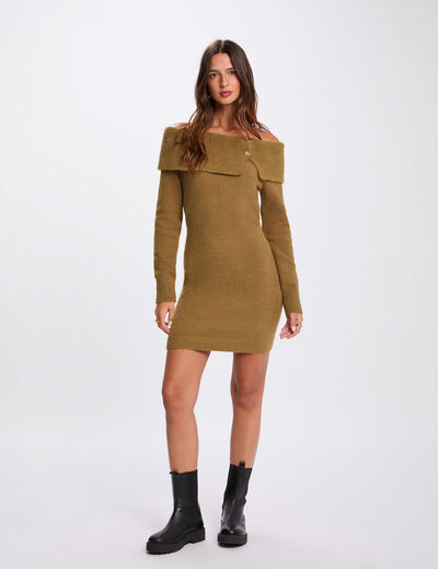 Vestido de punto con cuello bardot c&aacute;mel mujer