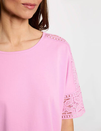 Camiseta de encaje cuello redondo rosa mujer