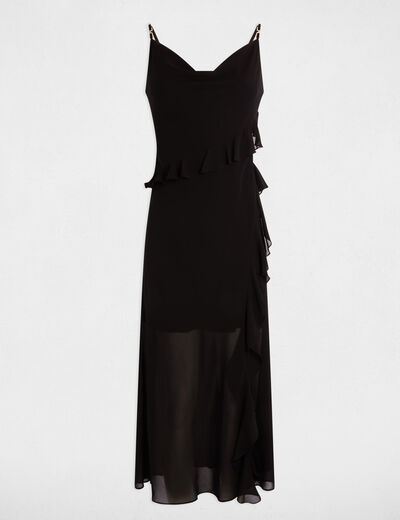 Vestido midi ajustado volantes negro mujer
